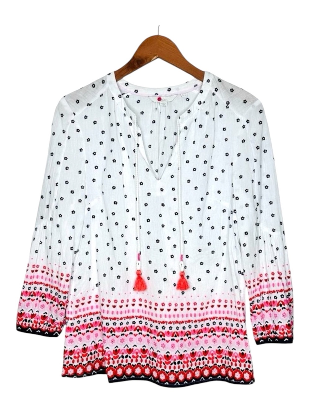 Boden Boho Gauzy Cotton Peasant Blouse Size 6 Tassel Tie Neck Mixed Print White